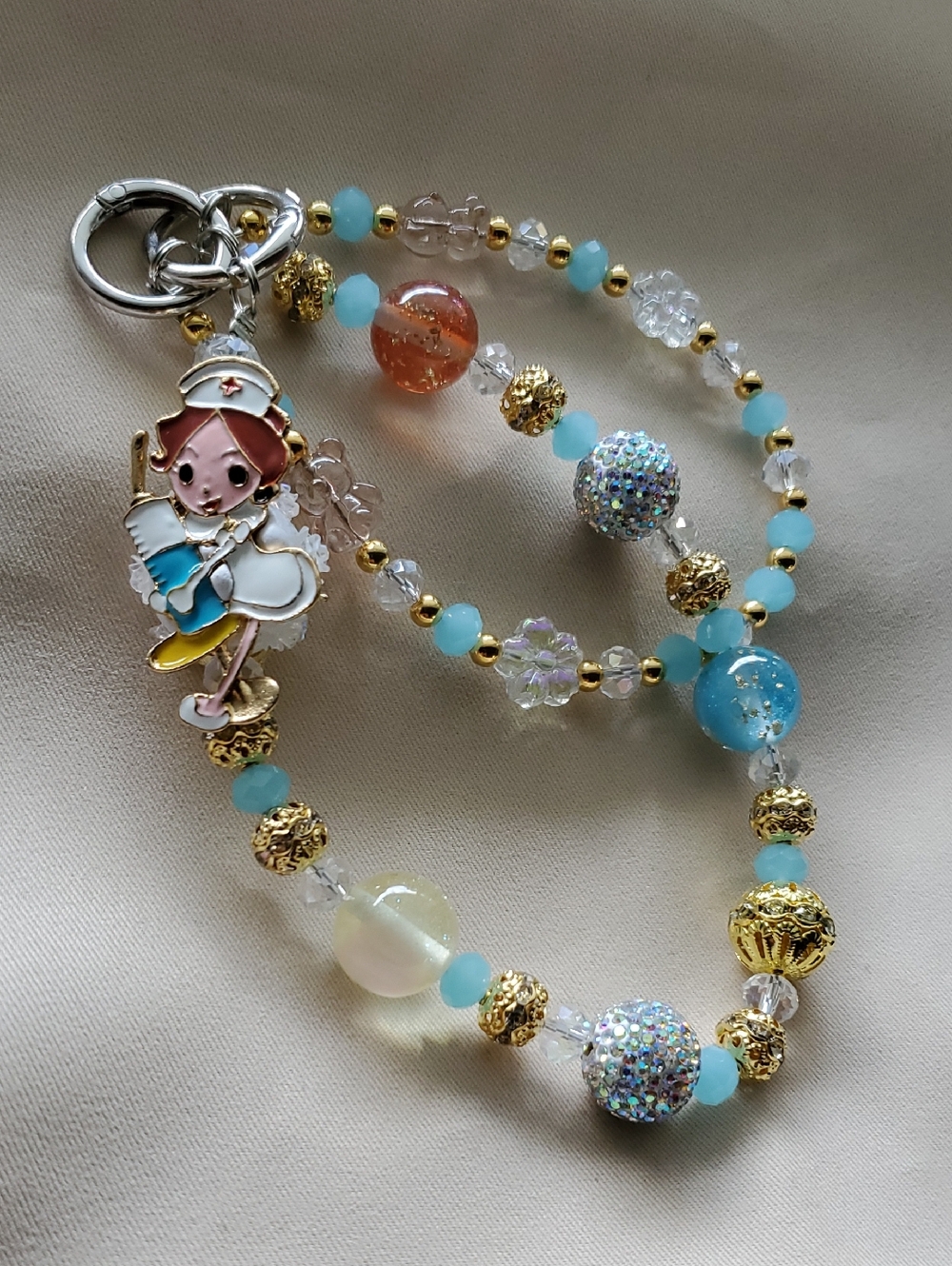 Blue Gold Beaded Keychain Card Holder Charm